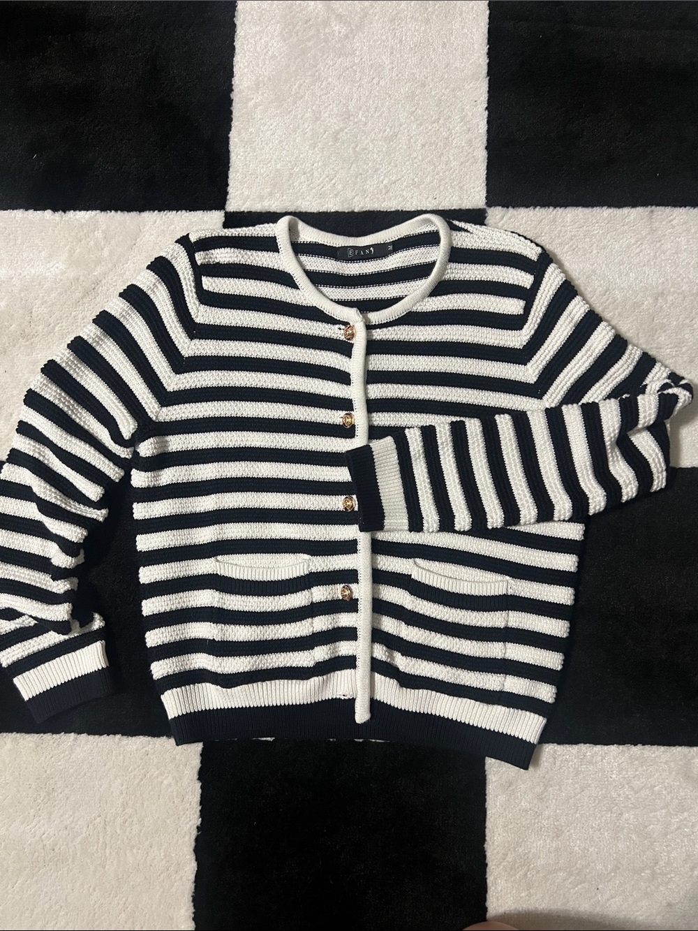 Striped Black and White Knit Cardigan with Gold Buttons
